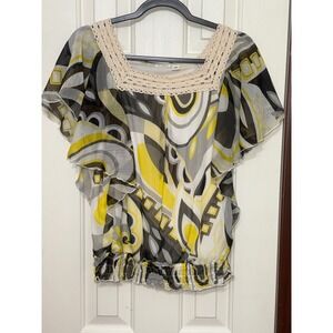 Cato Women's Medium Sheer‎ Abstract Print Flutter Sleeve Blouse Top